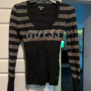GUESS Black and Silver Glitter Striped Long Sleeve Top